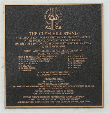 Plaque on the Clem Hill stand Adelaide Oval