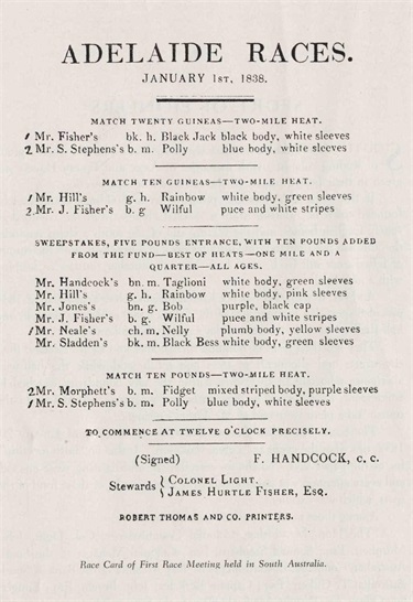 1838 Adelaide Races - From History and growth of the South Australia Jockey Club, 1955